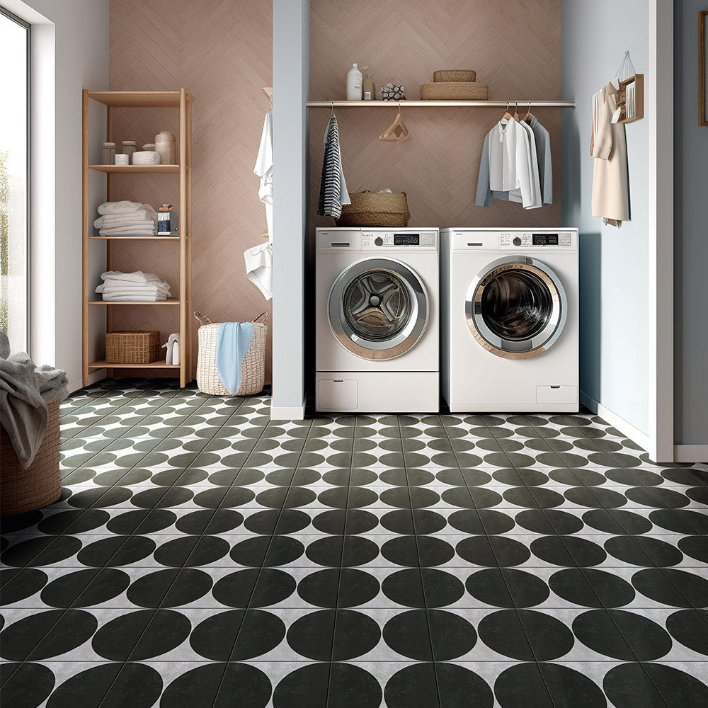 Heritage Duomo Arch Charcoal Encaustic Look 200x200 Matt Tile