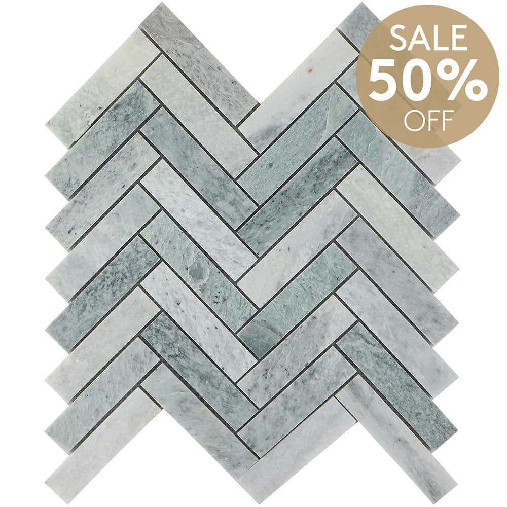 Ocean Green Long Herringbone Honed Marble Mosaic (per sheet)