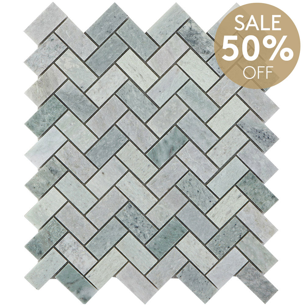 Ocean Green Small Herringbone 23x48x8 Honed Marble Mosaic (per sheet)