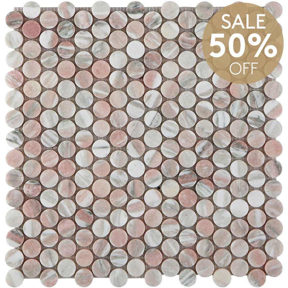 Ocean Pink Penny Round D20 Honed Marble Mosaic (per sheet)