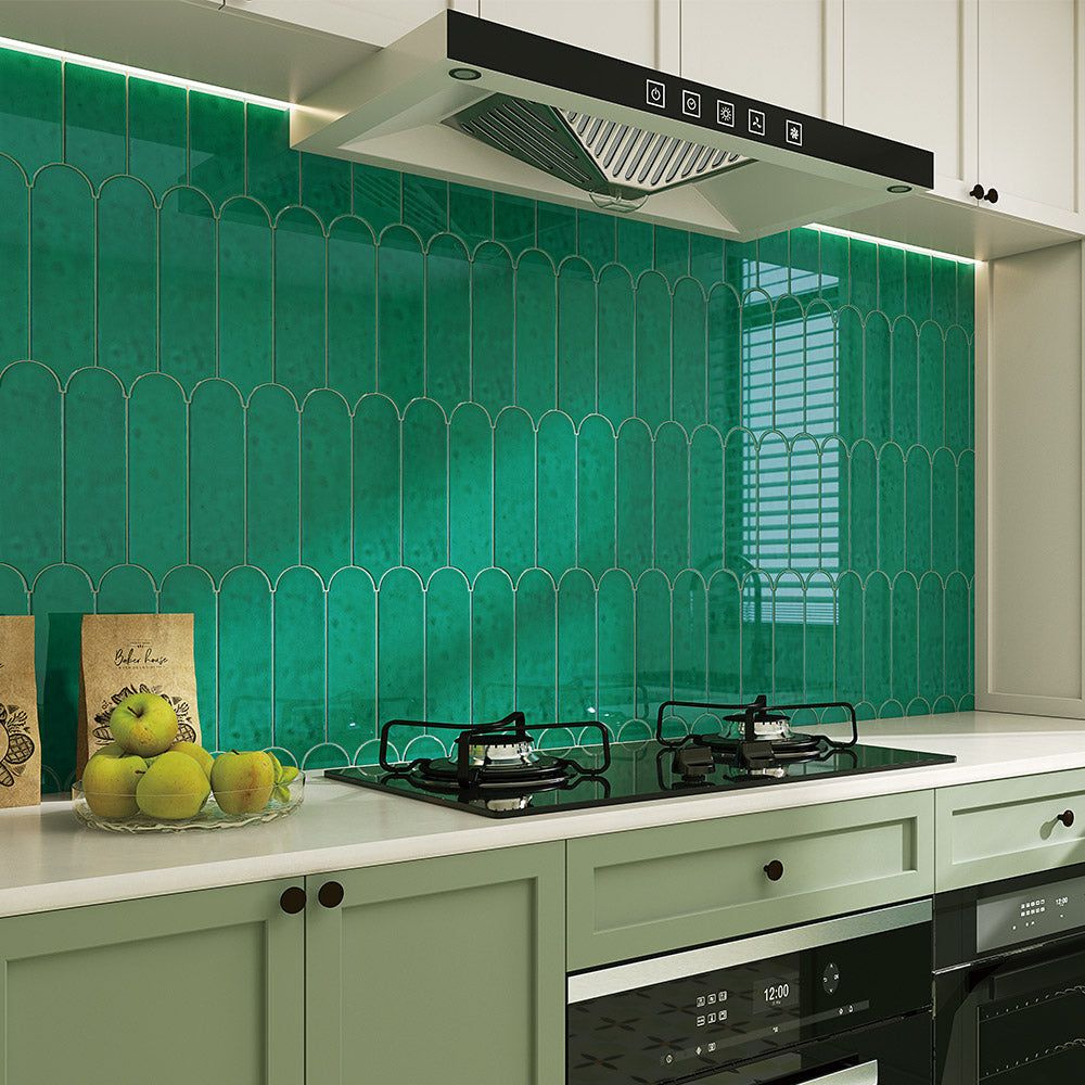Olympus Jade Green Feather 85x300 Hand Made Gloss Tile