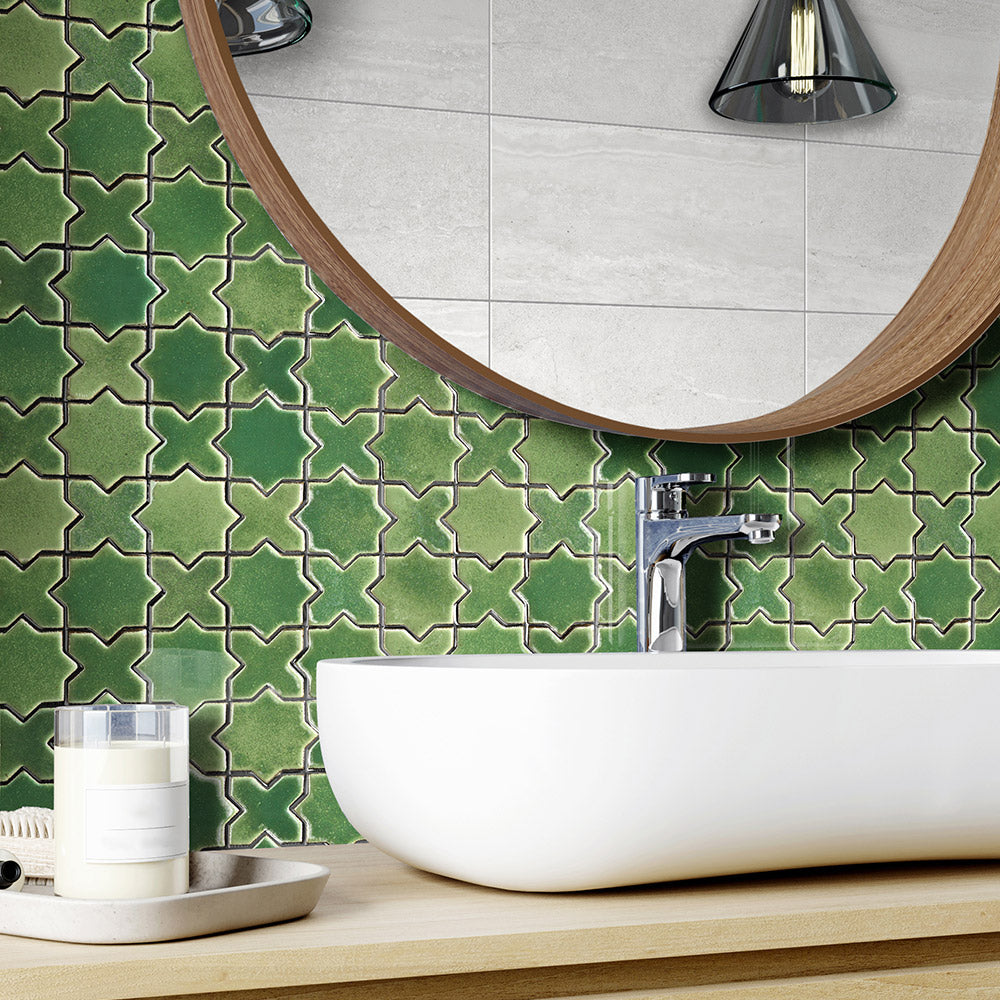 San Miguel Green 50x50 Star & Cross Gloss Hand Made Mosaic