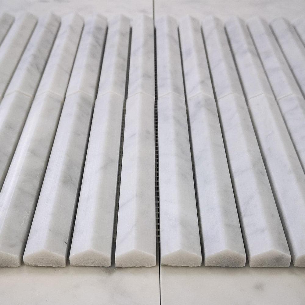 Athena Triangle Carrara White 152x20x12 Honed Marble Mosaics (per sheet) - Tile Lane