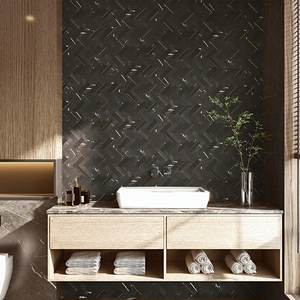 Fifth Ave Herringbone Nero Marquina Honed Marble Mosaics (per sheet) - Tile Lane