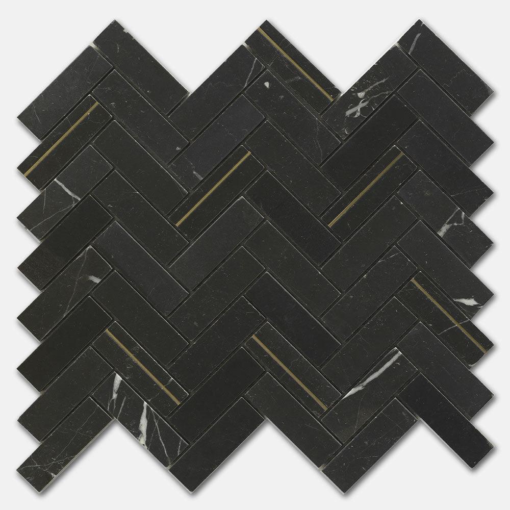 Fifth Ave Herringbone Nero Marquina Honed Marble Mosaics (per sheet) - Tile Lane