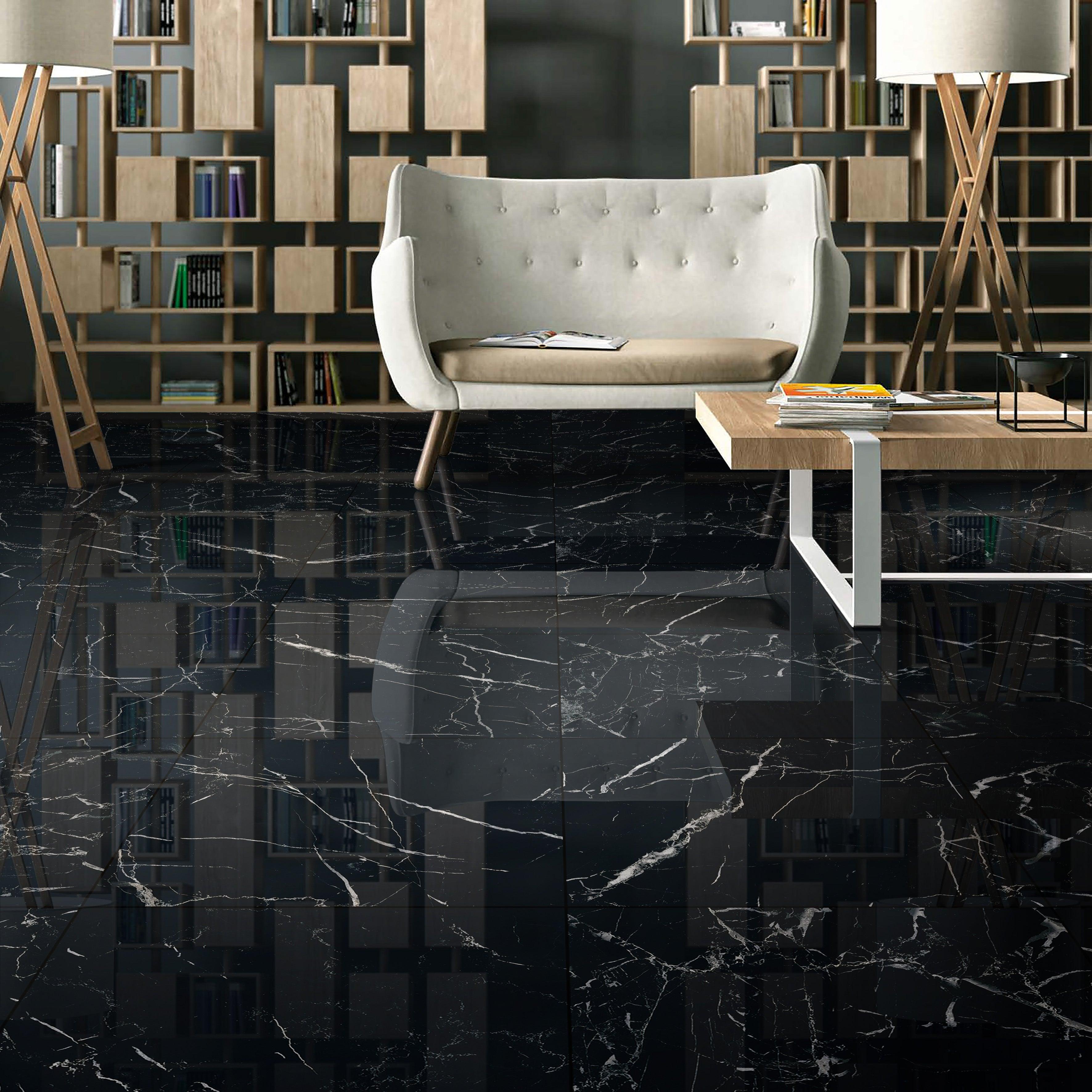 Marbella Nero Marquina 600X600 Polished Porcelain Tile - Tile Lane