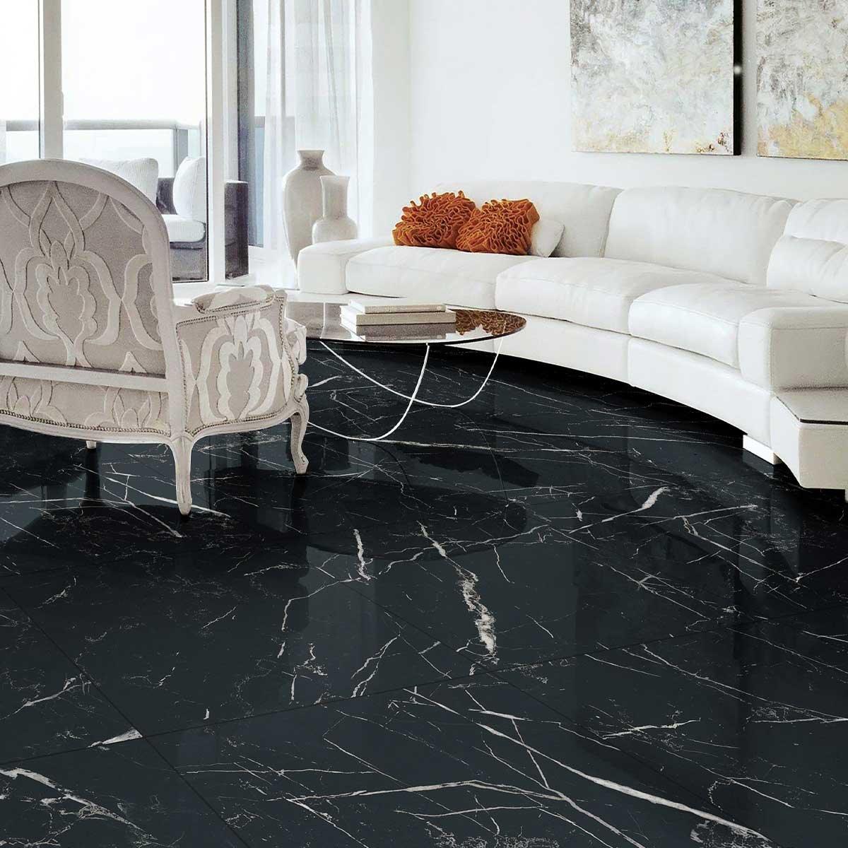 Marbella Nero Marquina 600X600 Polished Porcelain Tile - Tile Lane