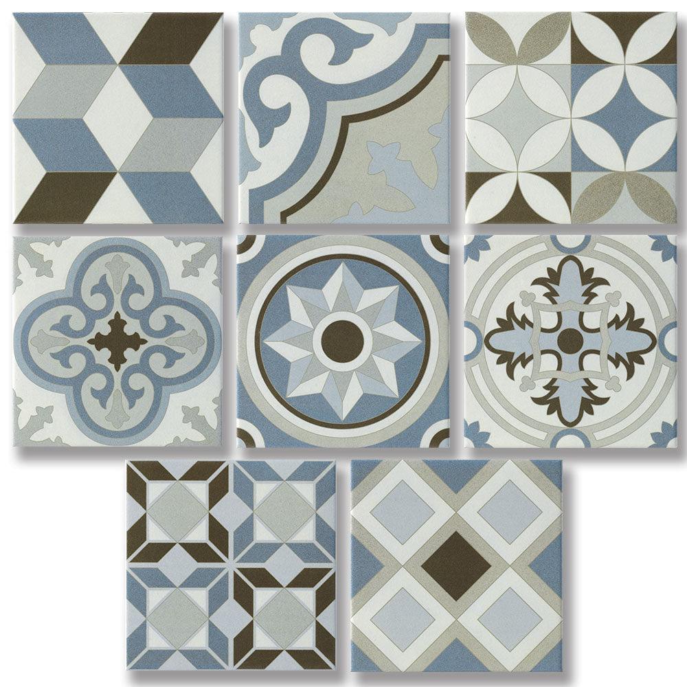 Heritage Octavia Blue Encaustic Look 200x200 Matt Tile - Tile Lane