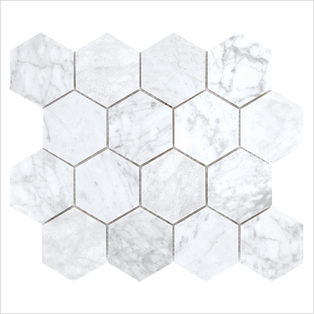 Ocean Carrara Large Hexagon 75x75 Honed Marble Mosaic (per sheet) - Tile Lane