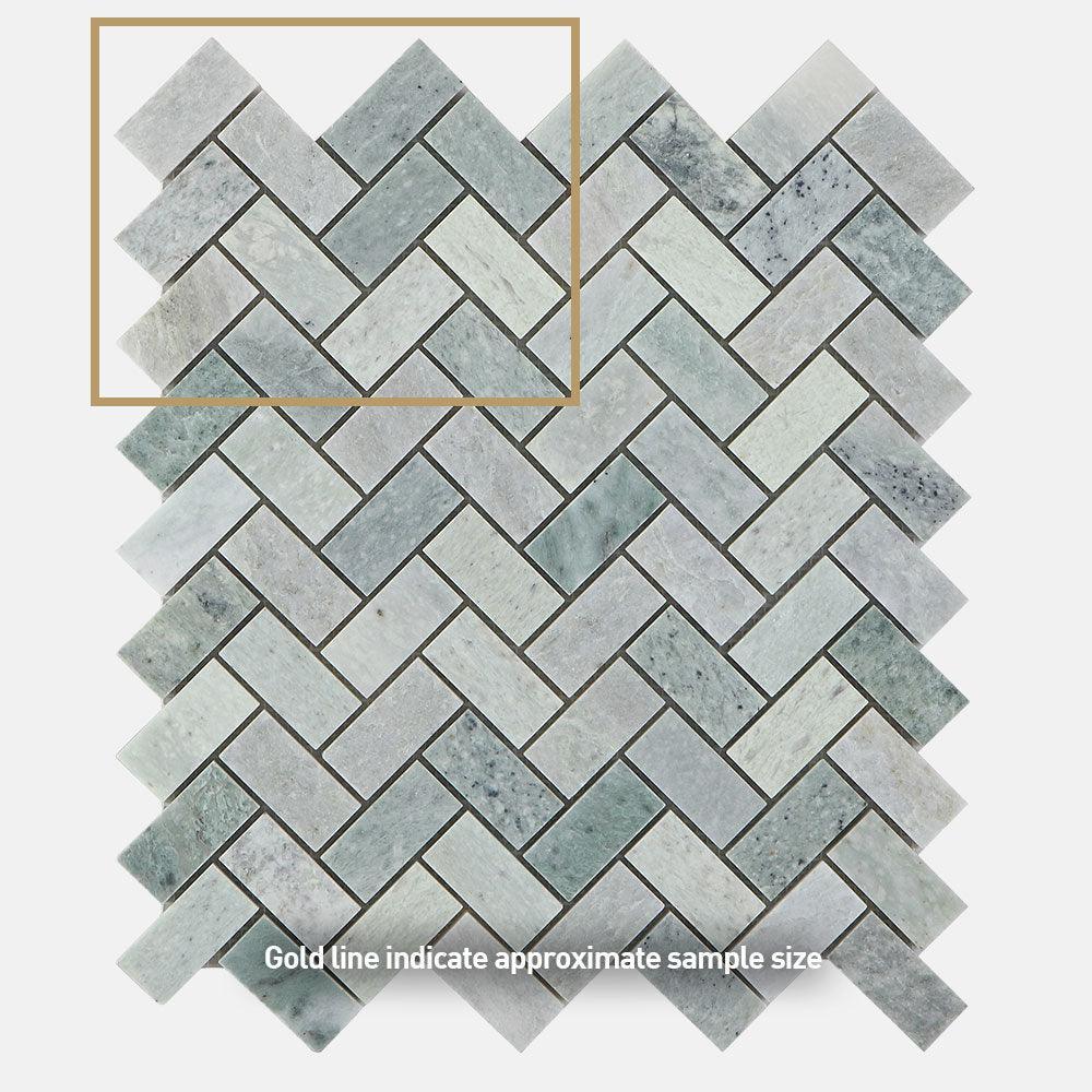 Ocean Green Small Herringbone 23x48x8 Honed Marble Mosaic (per sheet) - Tile Lane