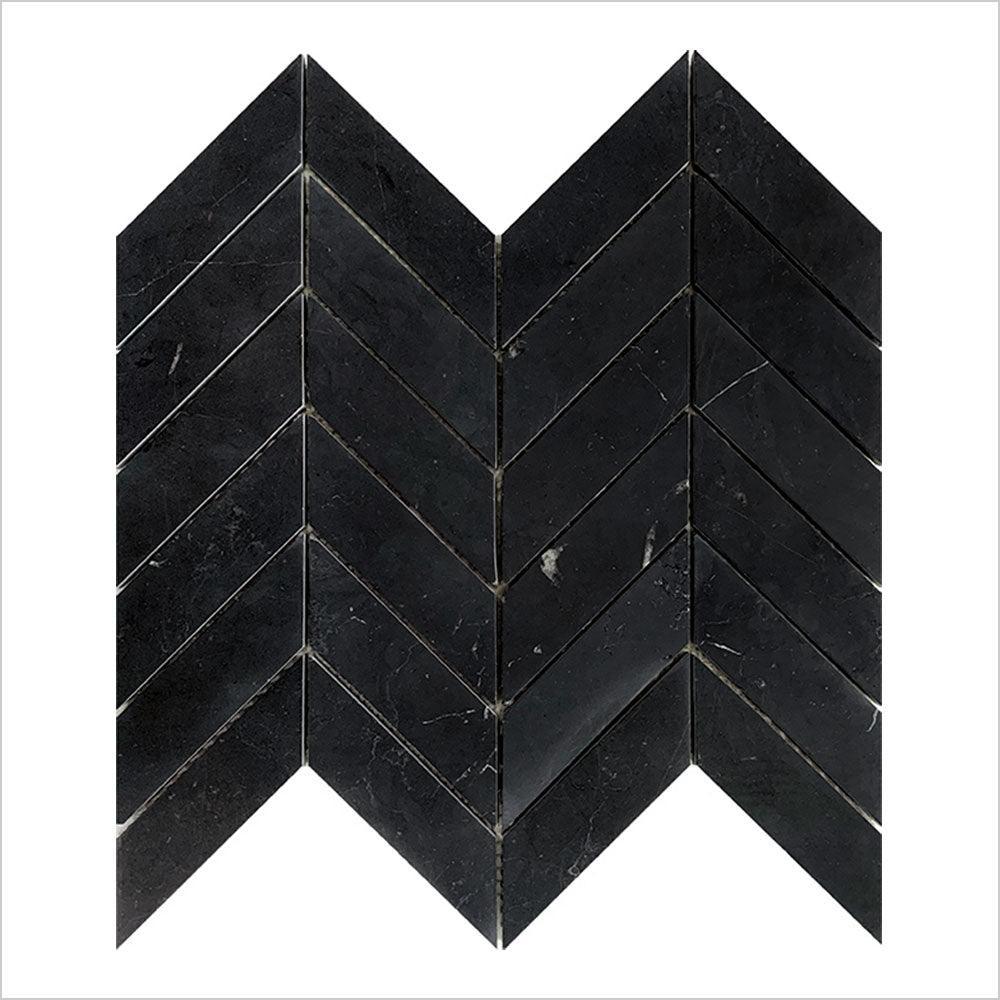 Ocean Nero Marquina Chevron 30x950 Honed Marble Mosaic (per sheet) - Tile Lane