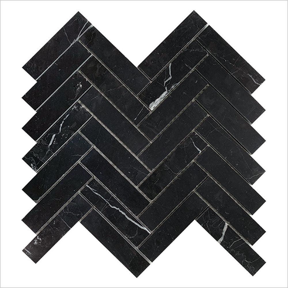 Ocean Nero Marquina Large Herringbone 25x100 Honed Marble Mosaic (per sheet) - Tile Lane