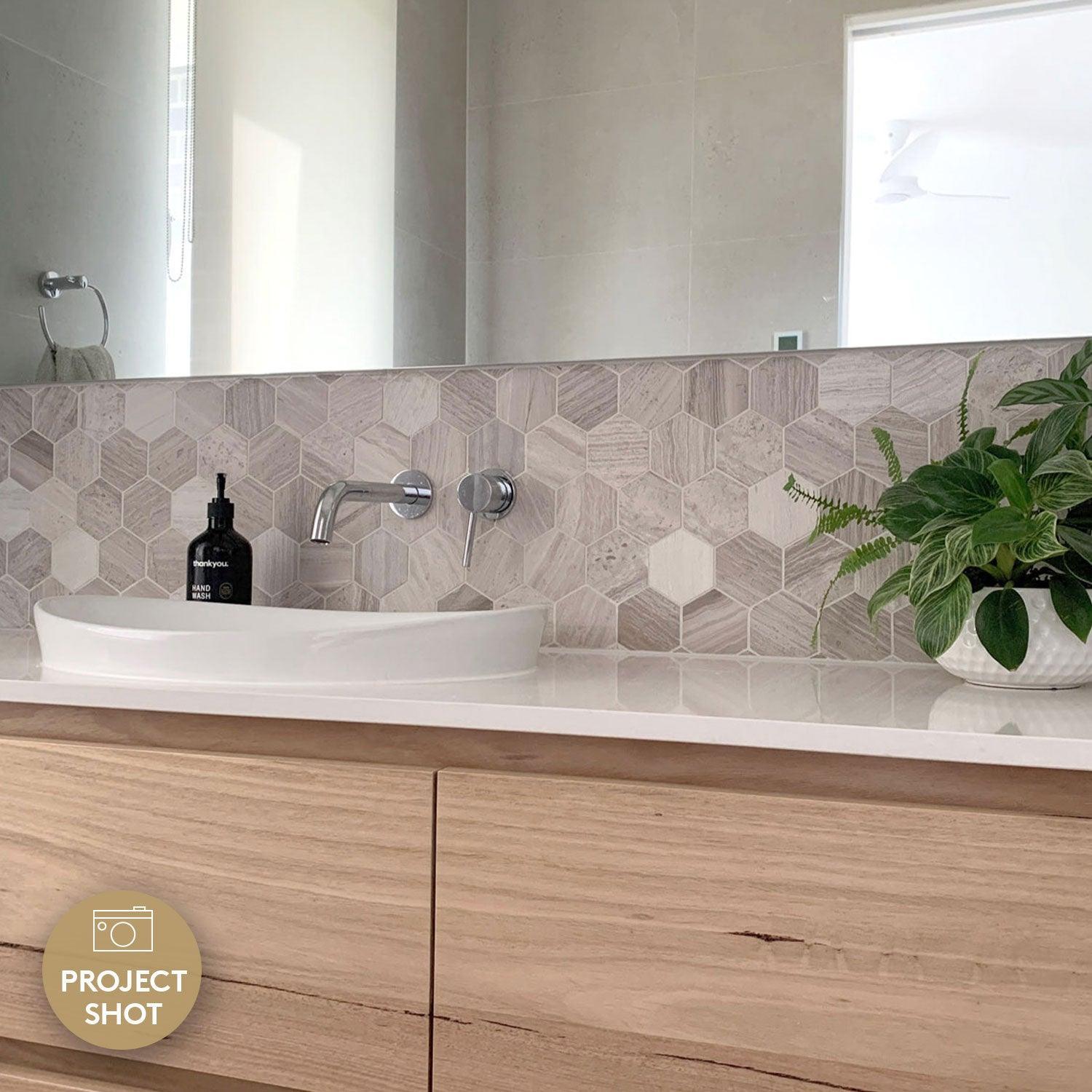 Ocean Wood Grey Light Large Hexagon 75x75 Honed Marble Mosaic (per sheet) - Tile Lane