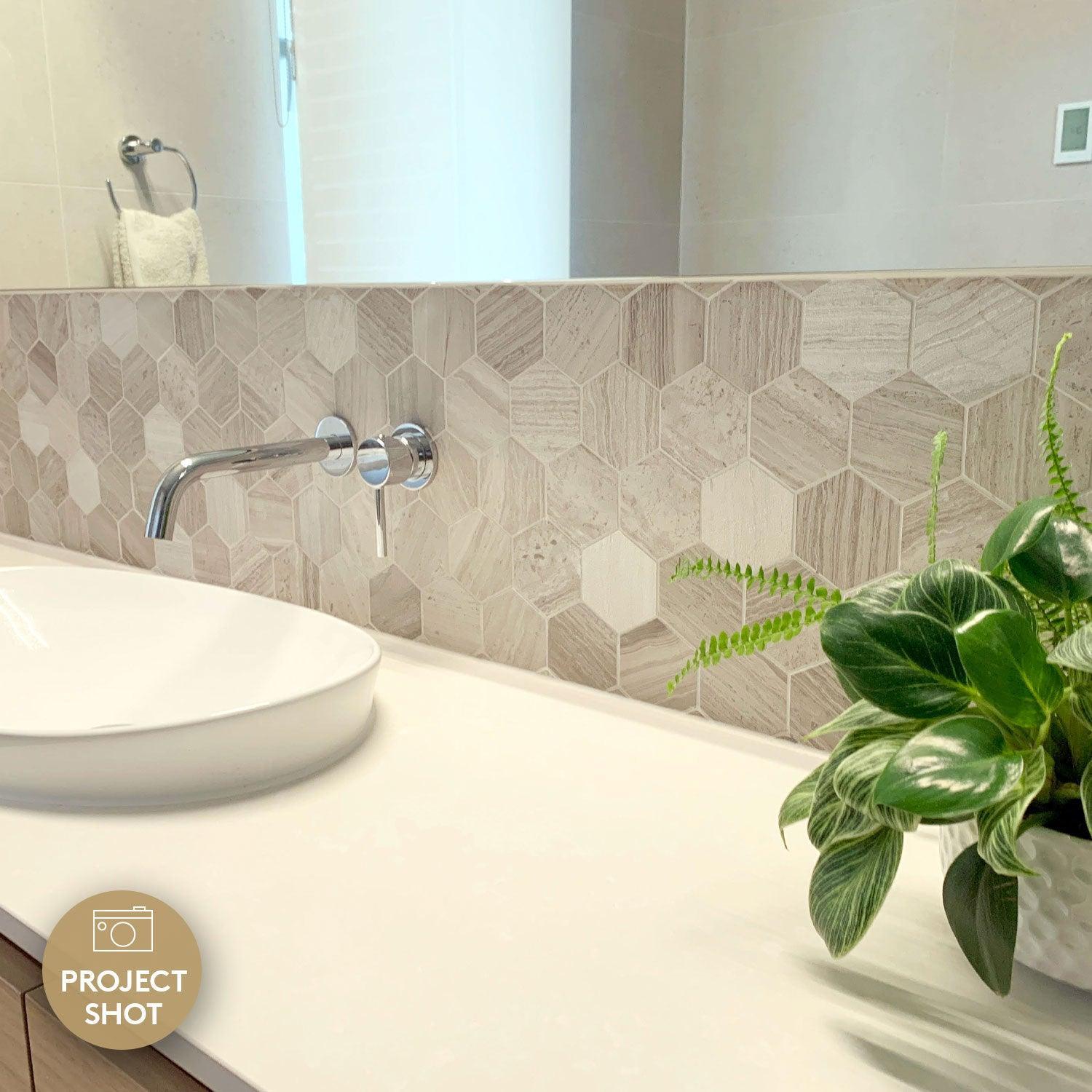 Ocean Wood Grey Light Large Hexagon 75x75 Honed Marble Mosaic (per sheet) - Tile Lane