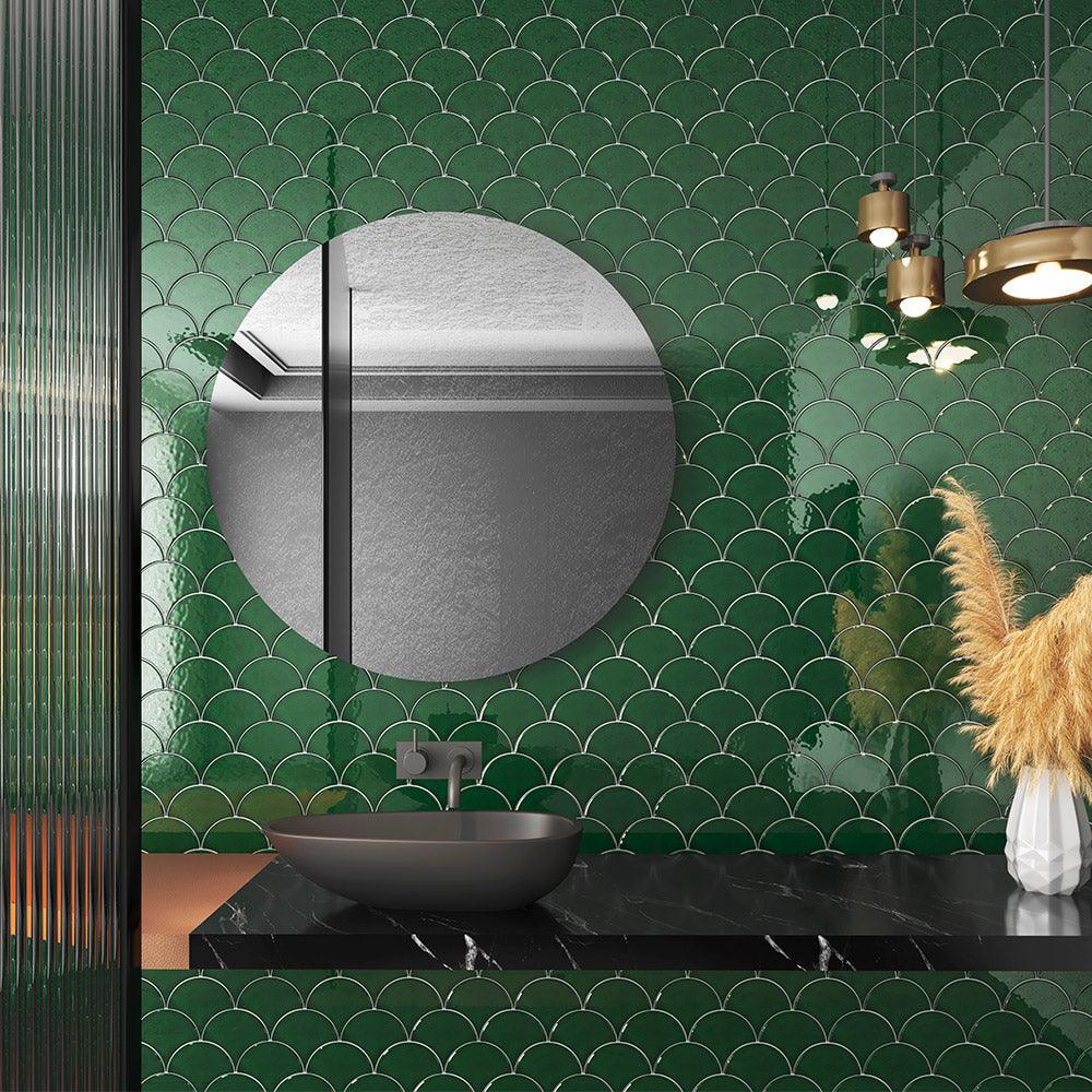 Olympus Hunter Green Fish Scale 153x135 Hand Made Gloss Tile - Tile Lane