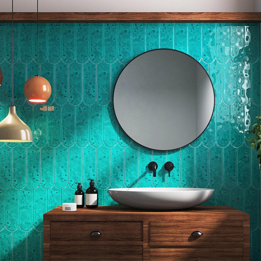 Olympus Sea Blue Feather 85x300 Hand Made Gloss Tile - Tile Lane