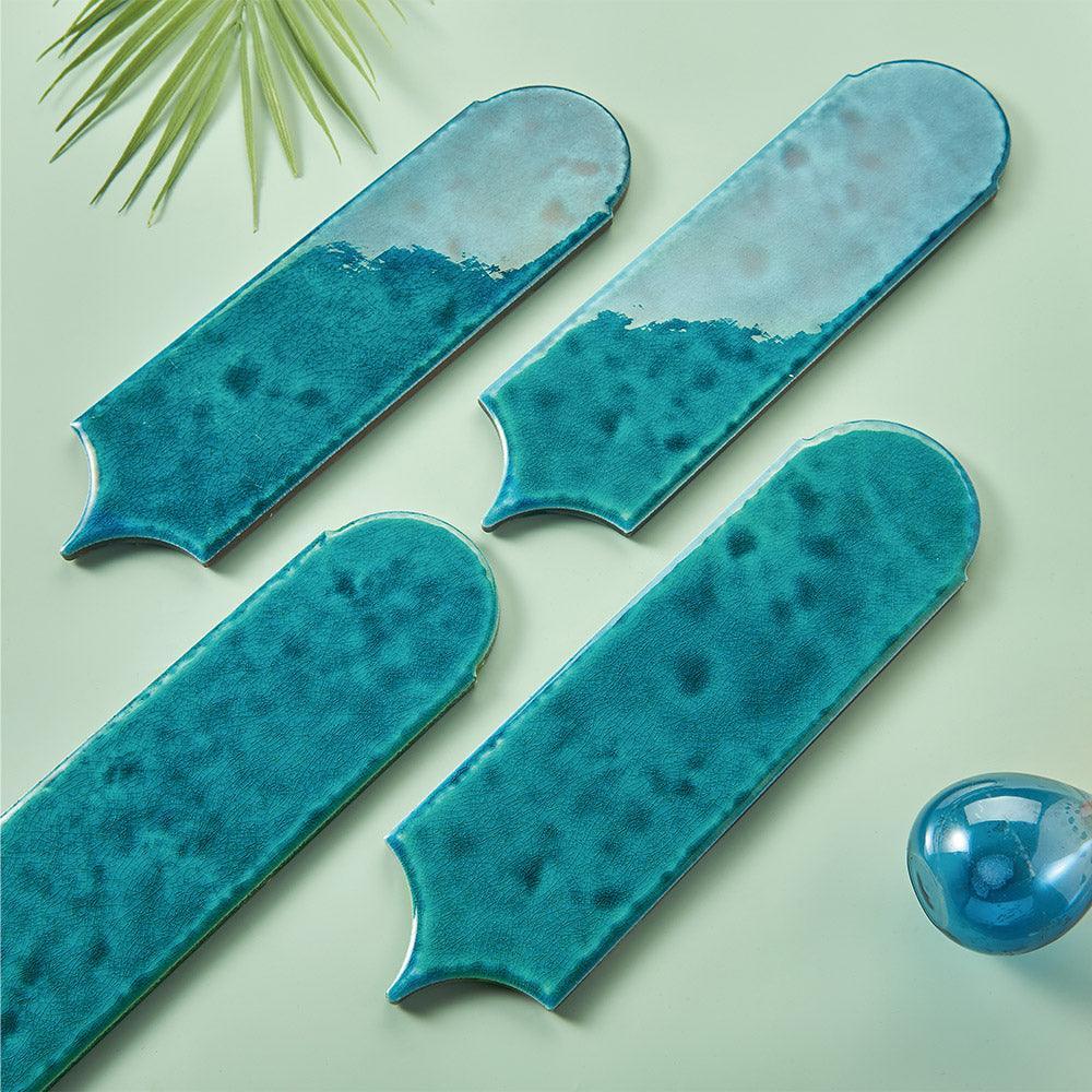 Olympus Sea Blue Feather 85x300 Hand Made Gloss Tile - Tile Lane