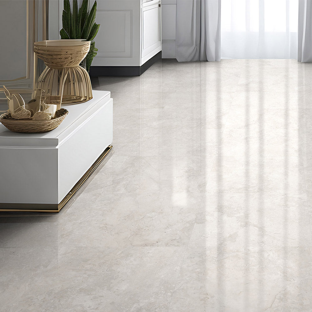 Cantabria White 300X600 Polished CC Travertine Look Porcelain Tiles