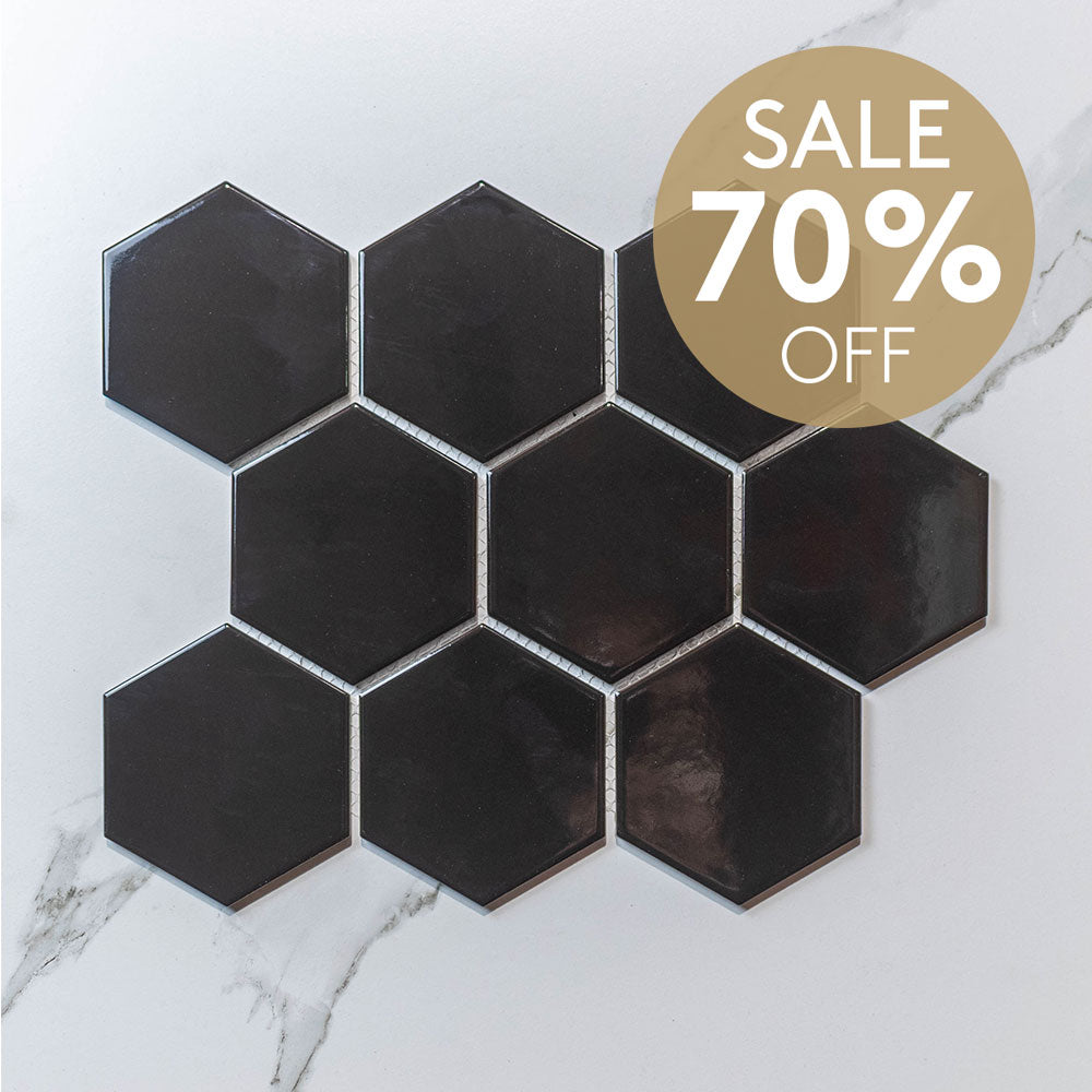 Hive L Black 95x110 Gloss - Hexagon Mosaic (per Sheet)