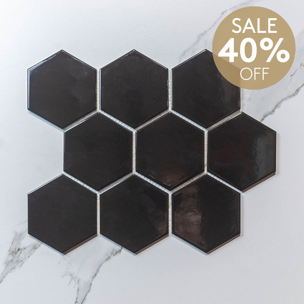 Hive L Black 95x110 Gloss - Hexagon Mosaic (per Sheet)