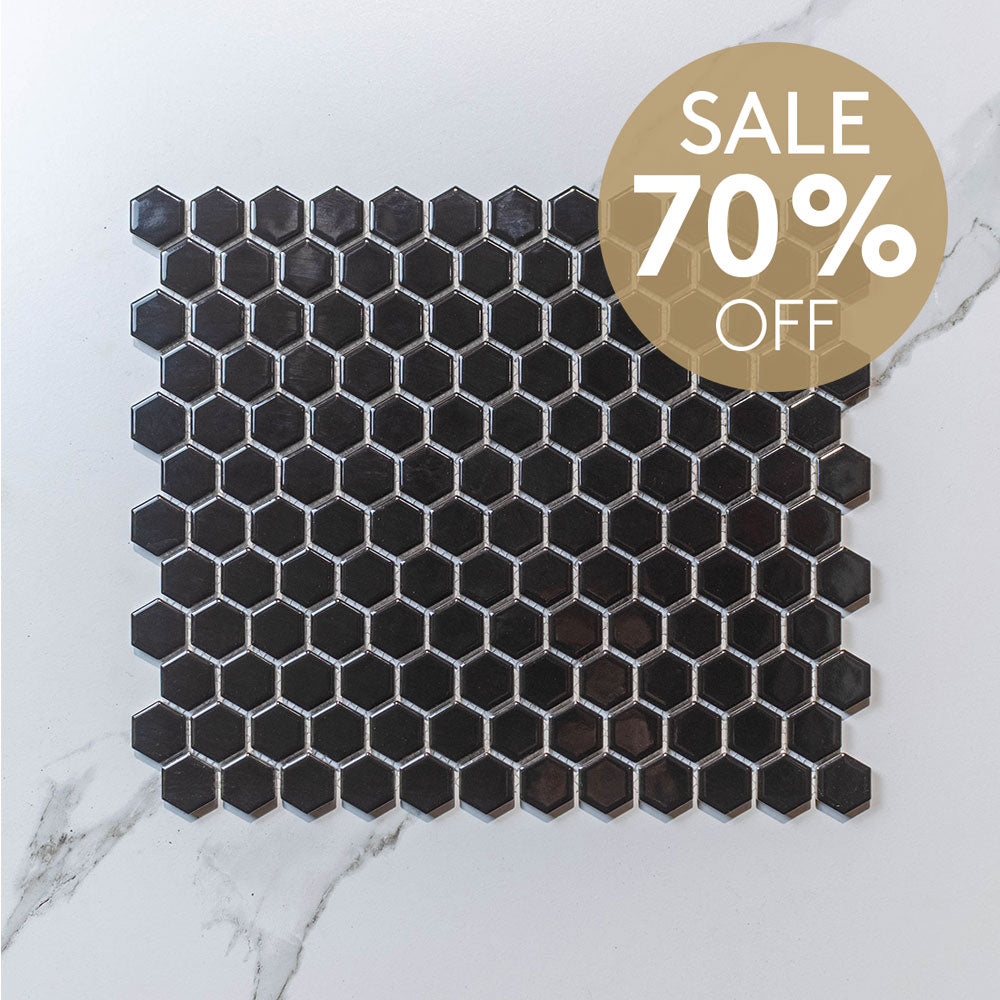 Hive S Black 23x26 Gloss - Hexagon Mosaic (per Sheet)