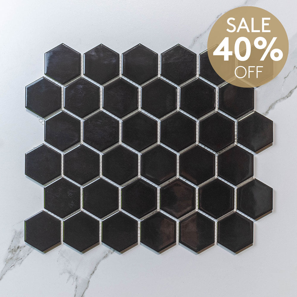 Hive M Black 51x59 Gloss - Hexagon Mosaic (per Sheet)