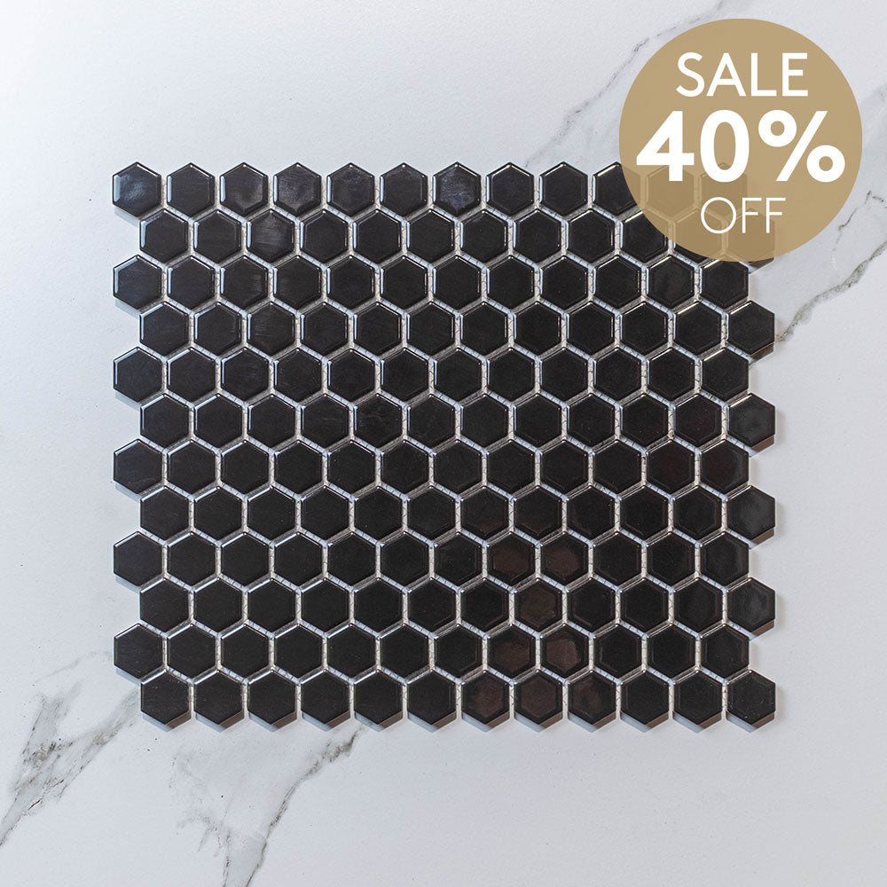 Hive S Black 23x26 Gloss - Hexagon Mosaic (per Sheet)