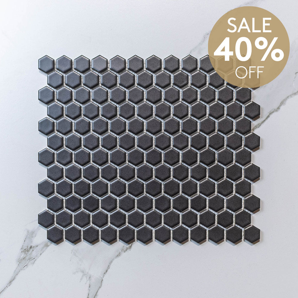 Hive S Black 23x26 Matt - Hexagon Mosaic (per Sheet)