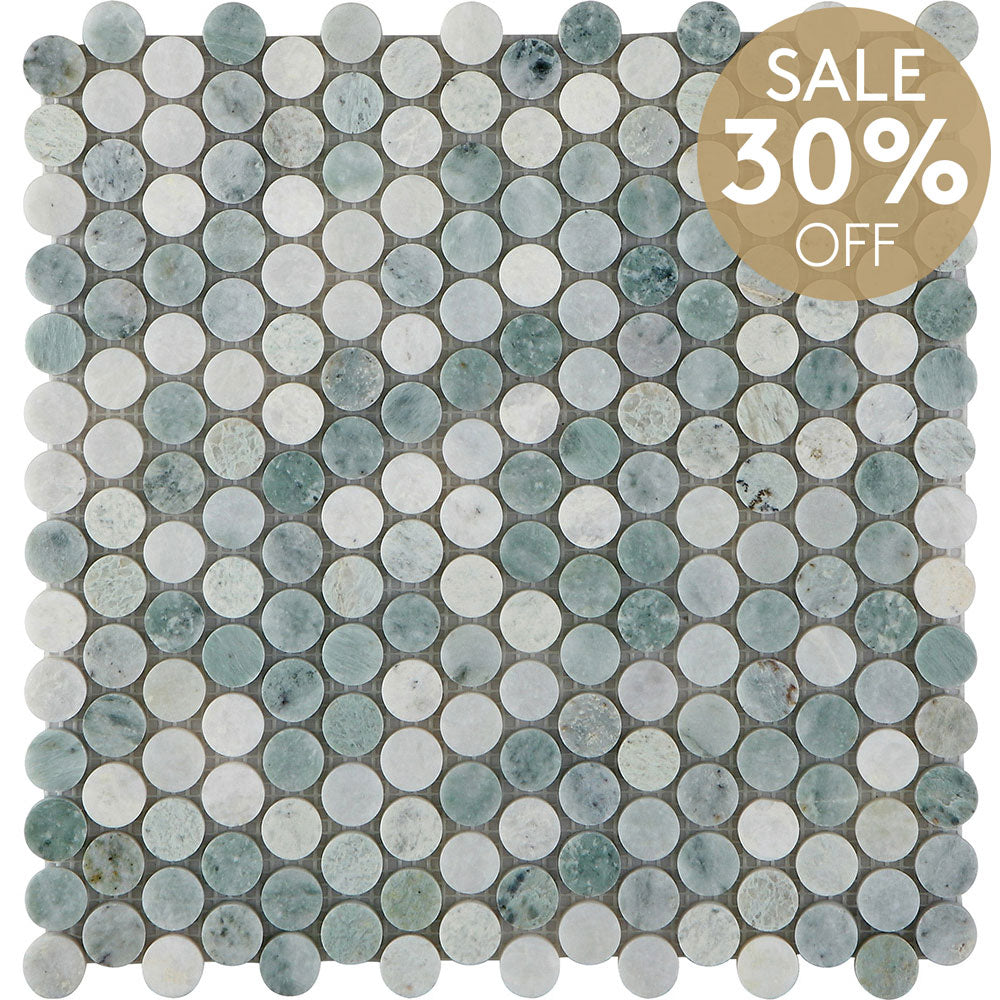 Ocean Green Penny Round D20 Honed Marble Mosaic (per sheet)