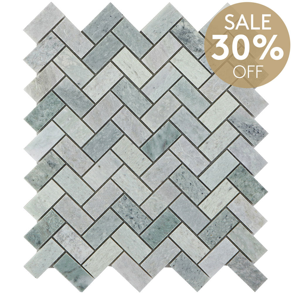 Ocean Green Small Herringbone 23x48x8 Honed Marble Mosaic (per sheet)