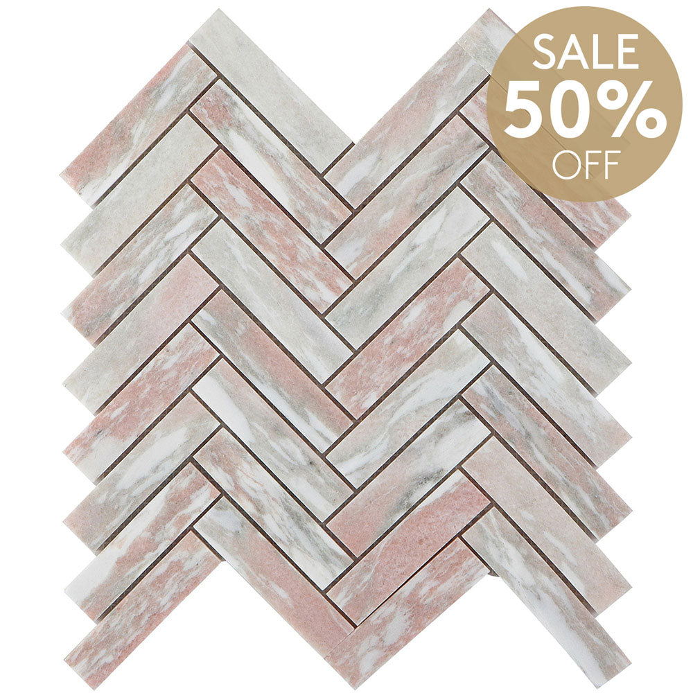Ocean Pink Large Herringbone 23.5x100x8 Honed Marble Mosaic (per sheet)