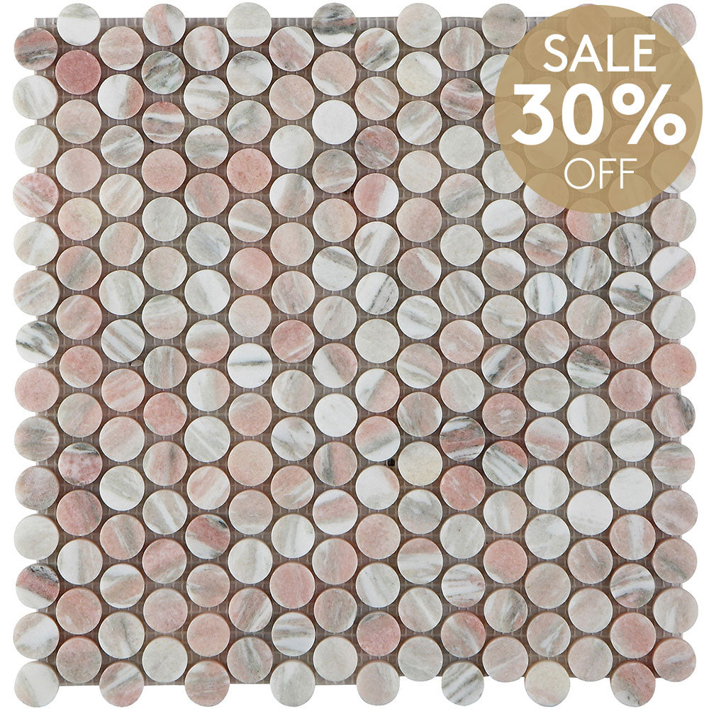 Ocean Pink Penny Round D20 Honed Marble Mosaic (per sheet)