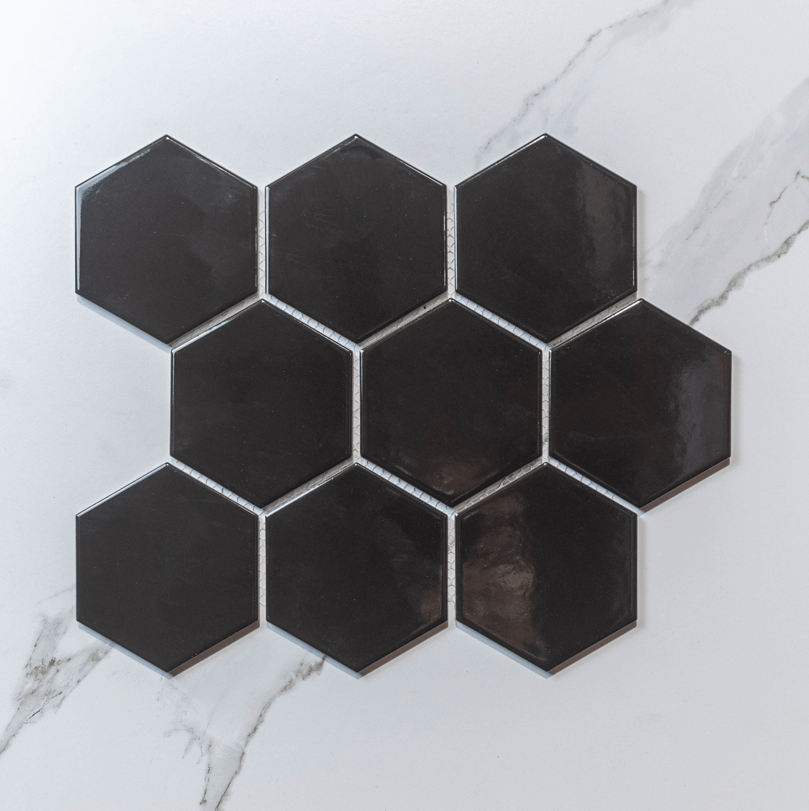 Hive L Black 95x110 Gloss - Hexagon Mosaic Tile - Tile Lane