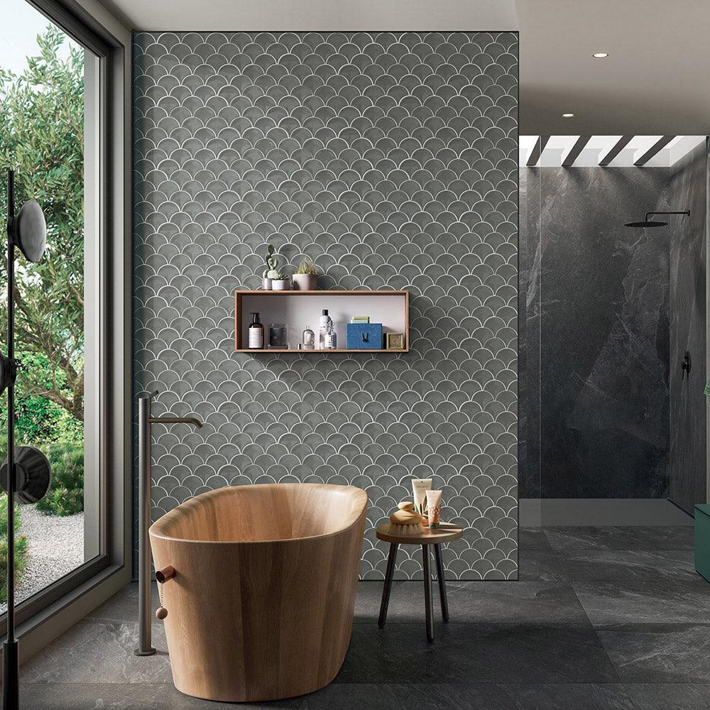 Marina Dark Grey Fish Scale Gloss Mosaic Tile - Tile Lane