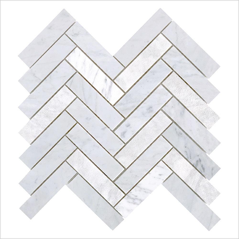 Ocean Carrara Large Herringbone 25x100 Honed Marble Mosaic (per sheet) - Tile Lane