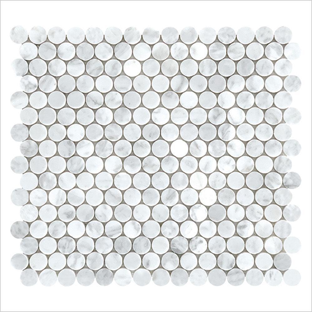 Ocean Carrara Penny Round 20x20 Honed Marble Mosaic (per sheet) - Tile Lane