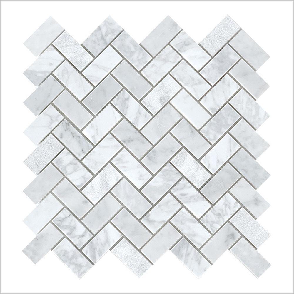 Ocean Carrara Small Herringbone 25x50 Honed Marble Mosaic (per sheet) - Tile Lane