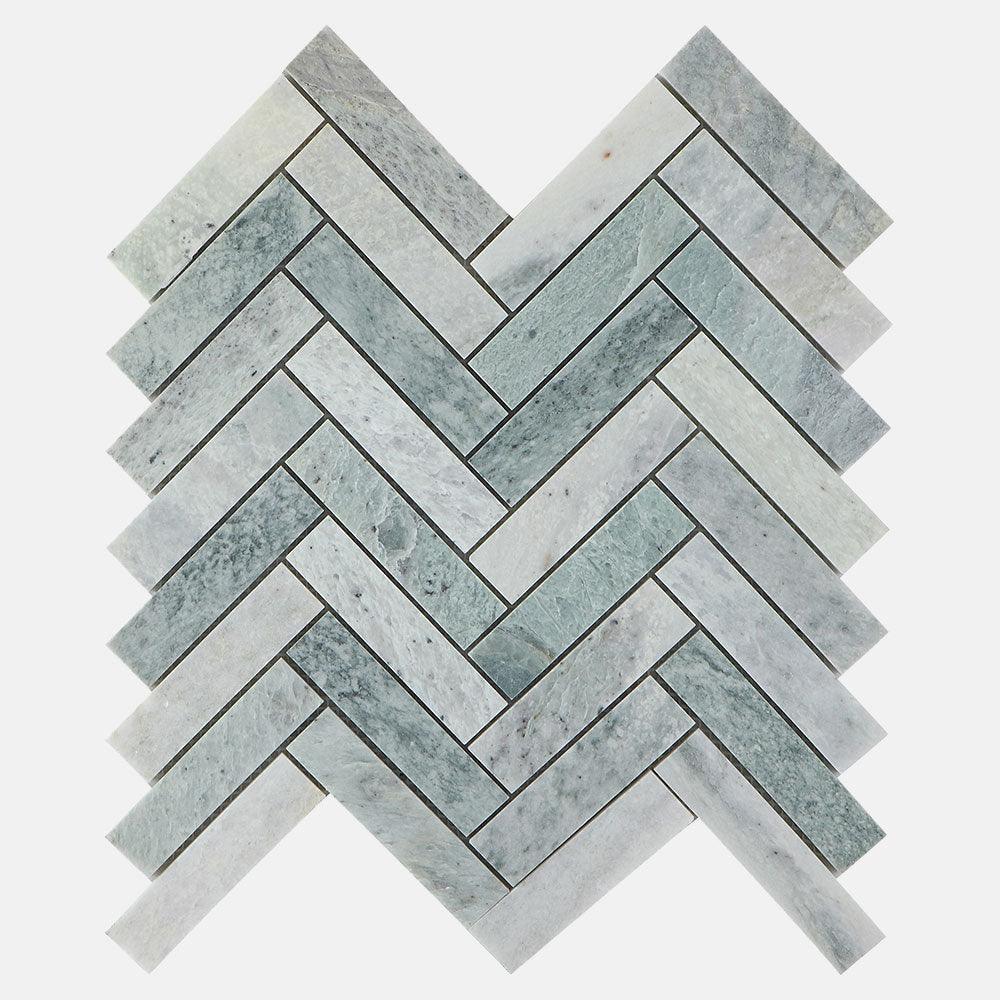 Ocean Green Large Herringbone 23.5x100x8 Honed Marble Mosaic (per sheet) - Tile Lane