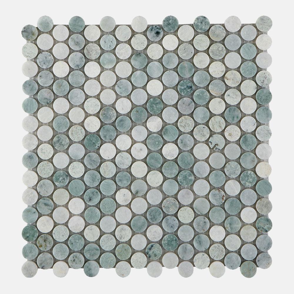 Ocean Green Penny Round D20 Honed Marble Mosaic (per sheet) - Tile Lane