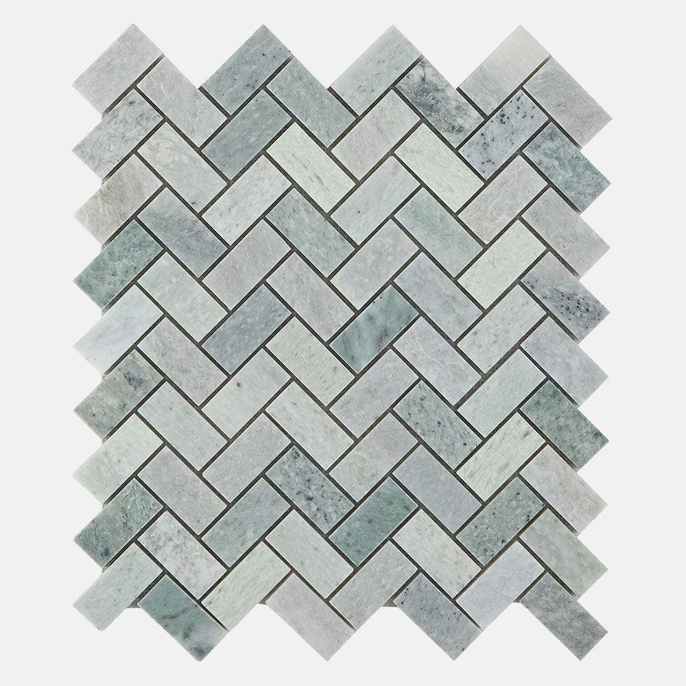 Ocean Green Small Herringbone 23x48x8 Honed Marble Mosaic (per sheet) - Tile Lane