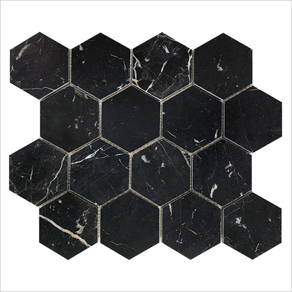 Ocean Nero Marquina Large Hexagon 75x75 Honed Marble Mosaic (per sheet) - Tile Lane