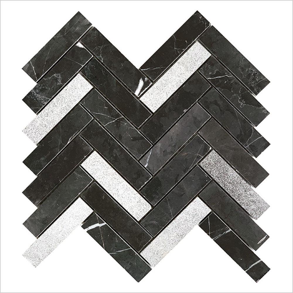 Ocean Pietra Dark Large Herringbone 25x100 Honed Marble Mosaic (per sheet) - Tile Lane