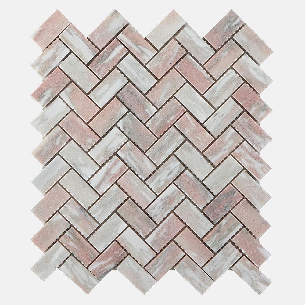 Ocean Pink Small Herringbone 23x48x8 Honed Marble Mosaic (per sheet) - Tile Lane