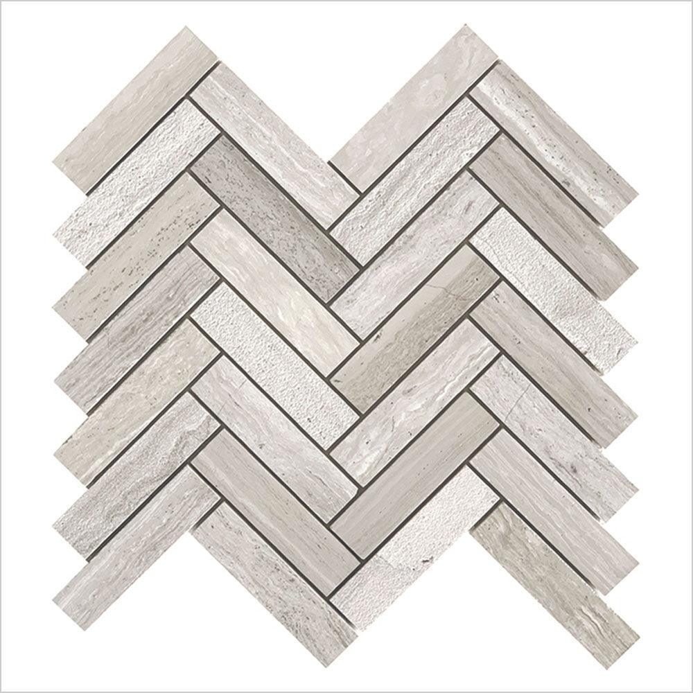 Ocean Wood Grey Light Large Herringbone 25x100 Honed Marble Mosaic (per sheet) - Tile Lane